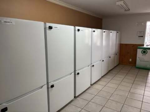 A row of individual refrigerators is available for inn guests.