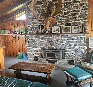 Le salon du chalet dispose d'un foyer en pierre et d'un décor rustique.