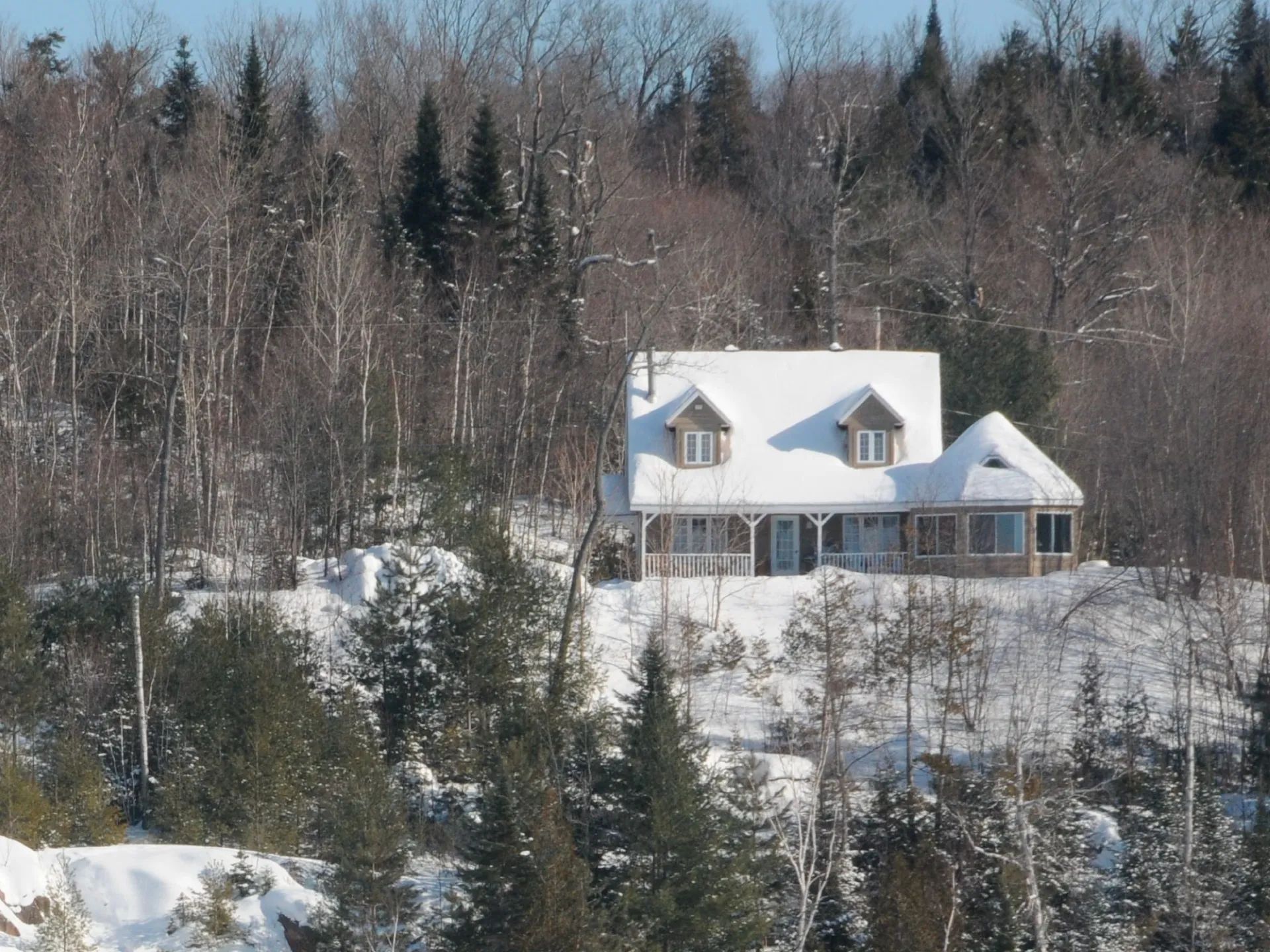 This cottage is located in the heart of nature, surrounded by a snow-covered forest.