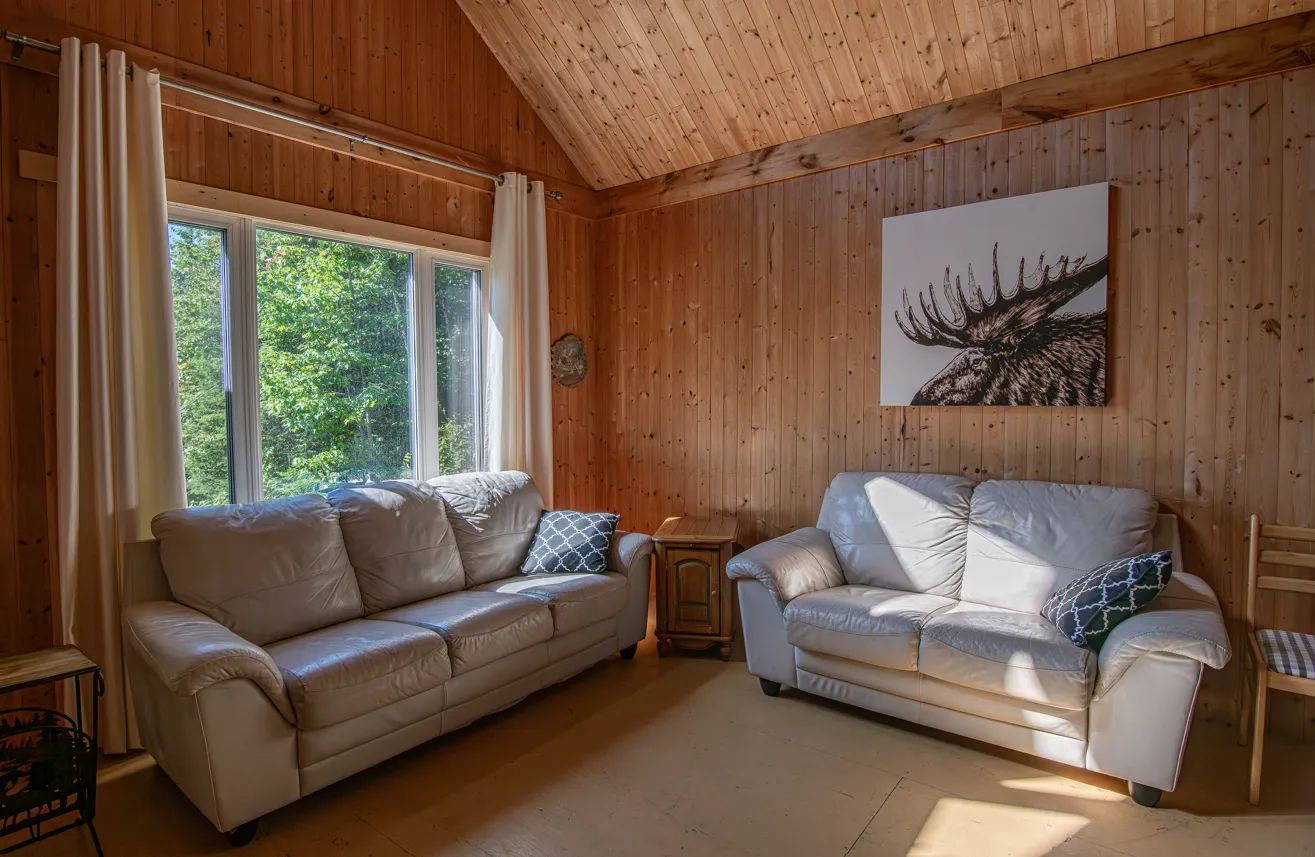 Le salon du chalet de l'Orignal propose deux canapés confortables dans une ambiance chaleureuse en bois.