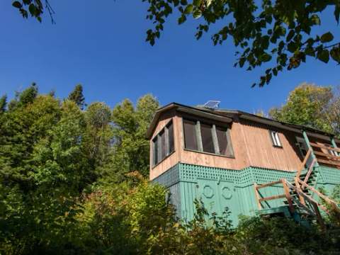 Le Chalet de l'Orignal est entouré d'une forêt mature sous un ciel ensoleillé.