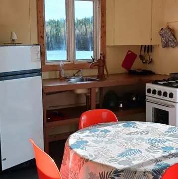The functional cabin kitchen includes a dining table and a view of the forest.