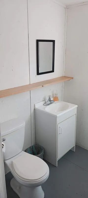 View of the functional bathroom with toilet and sink in the cabin.