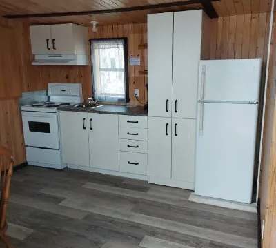 La cuisine équipée du chalet 10 comprend une cuisinière et un réfrigérateur.