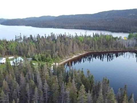 Aerial view of the cottage located by the forest and lake.