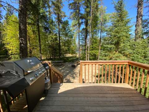 Une terrasse en bois avec barbecue donnant sur un espace extérieur aménagé en forêt.