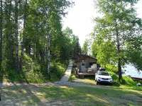A rustic cabin located at the edge of the forest and near the water.