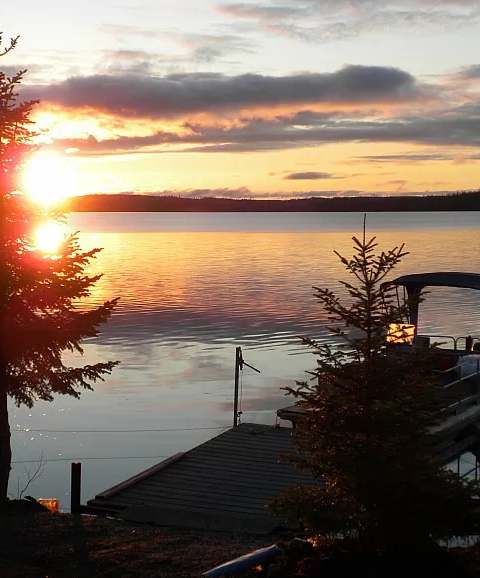 View of Lac Paul and the outfitter's island facilities at Pourvoirie du Lac Paul, Saguenay–Lac-Saint-Jean, Quebec