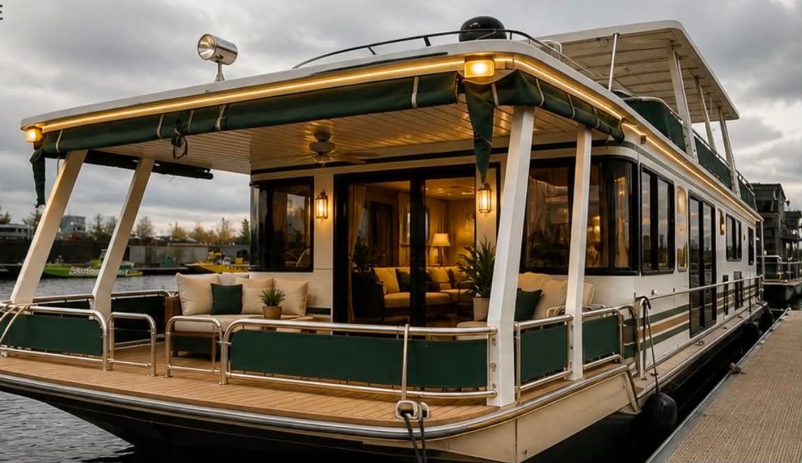 Exterior view of the floating cottage featuring a covered deck and a lounge area.