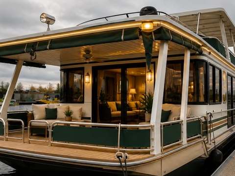 Exterior view of the floating cottage featuring a covered deck and a lounge area.
