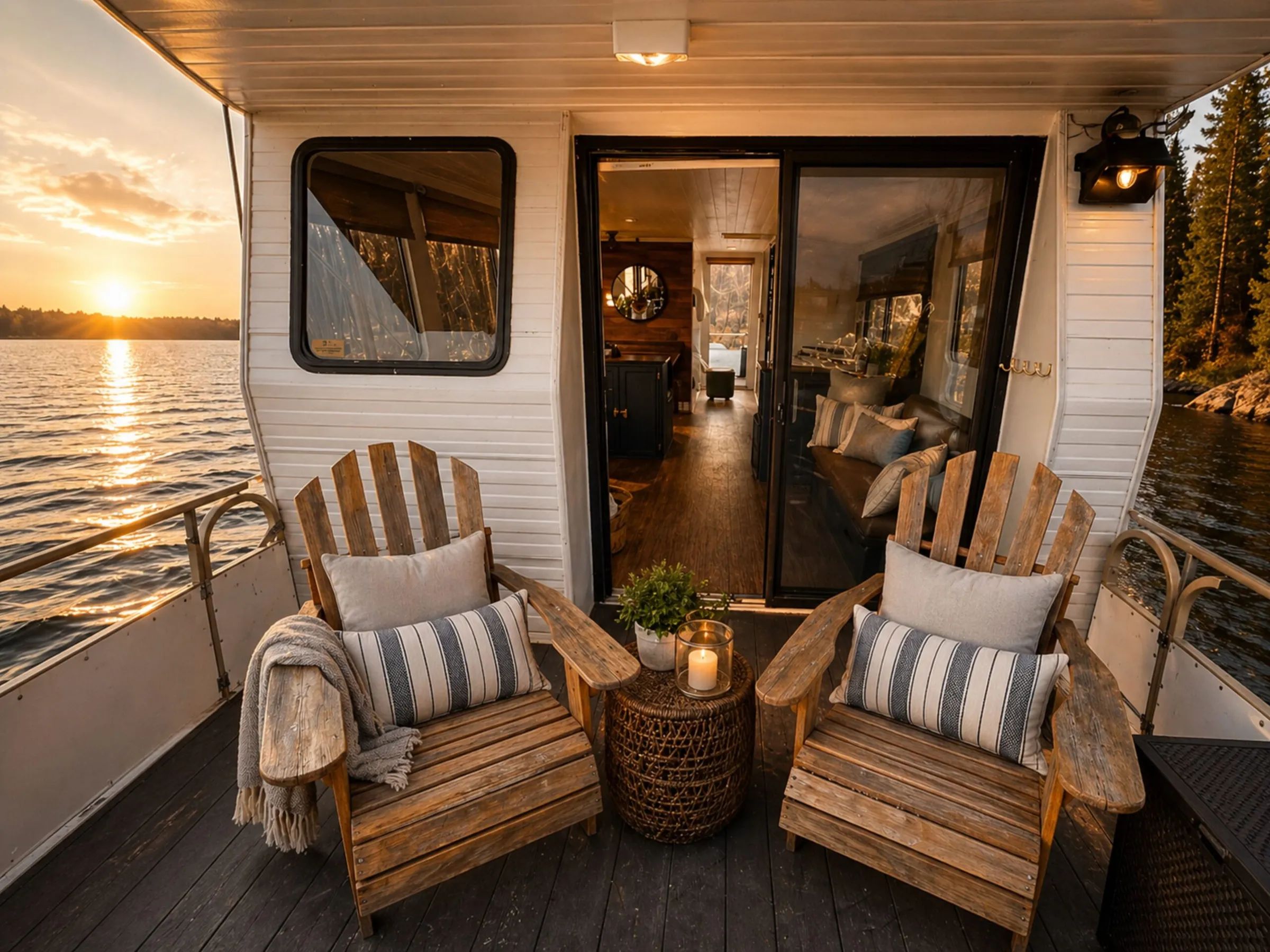 Deux chaises en bois sur la terrasse privée d'un hébergement flottant au coucher du soleil.