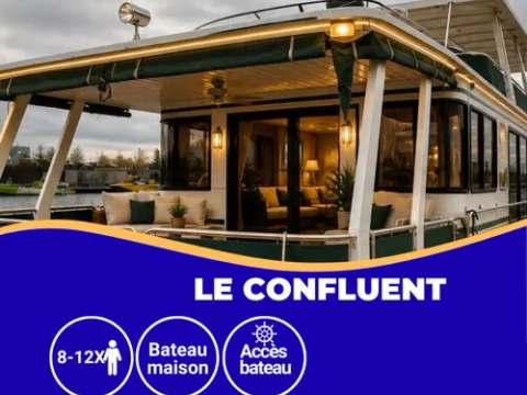 Discover the Le Confluent houseboat and its comfortable outdoor setup on the water.