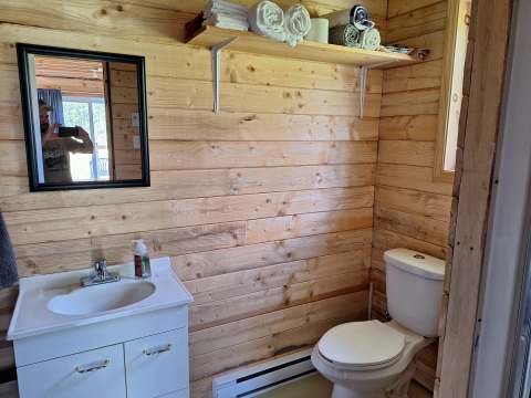 View of the cottage bathroom with its wood paneling and modern facilities.