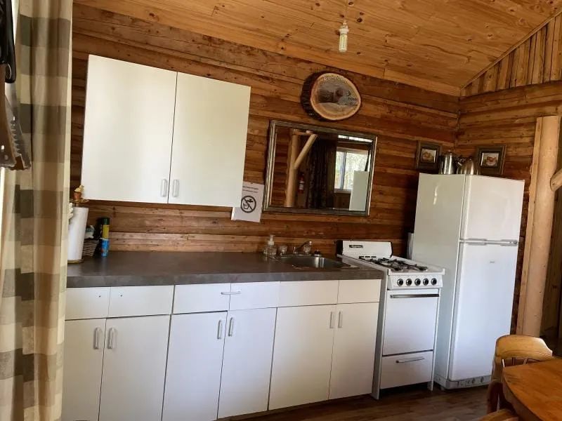 La cuisine fonctionnelle du chalet le Pékan comprend une cuisinière, un réfrigérateur et un évier.