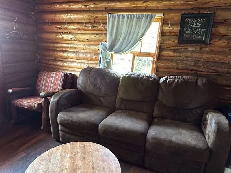 Le salon du chalet offre un espace de détente confortable avec ses murs en bois rond.
