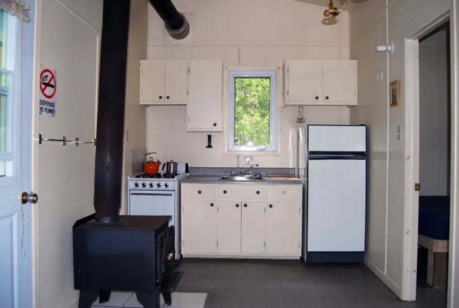 La cuisine fonctionnelle du chalet Éliane comprend une cuisinière, un réfrigérateur et un poêle à bois.