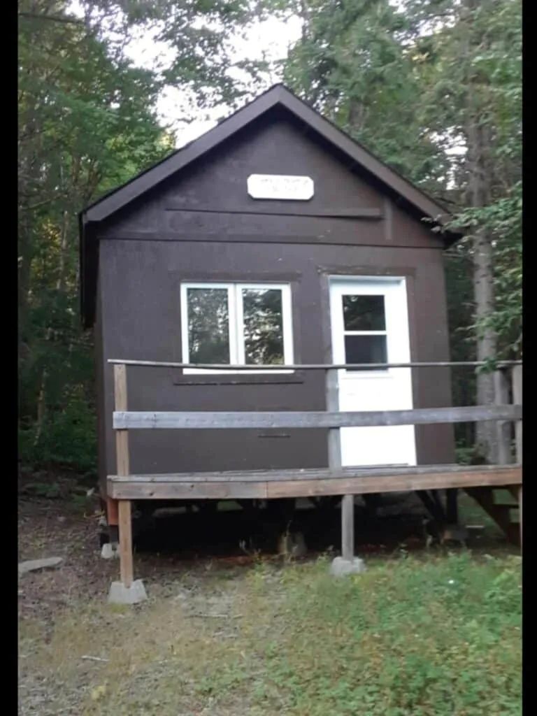 Exterior view of cottage 10, surrounded by the forest.