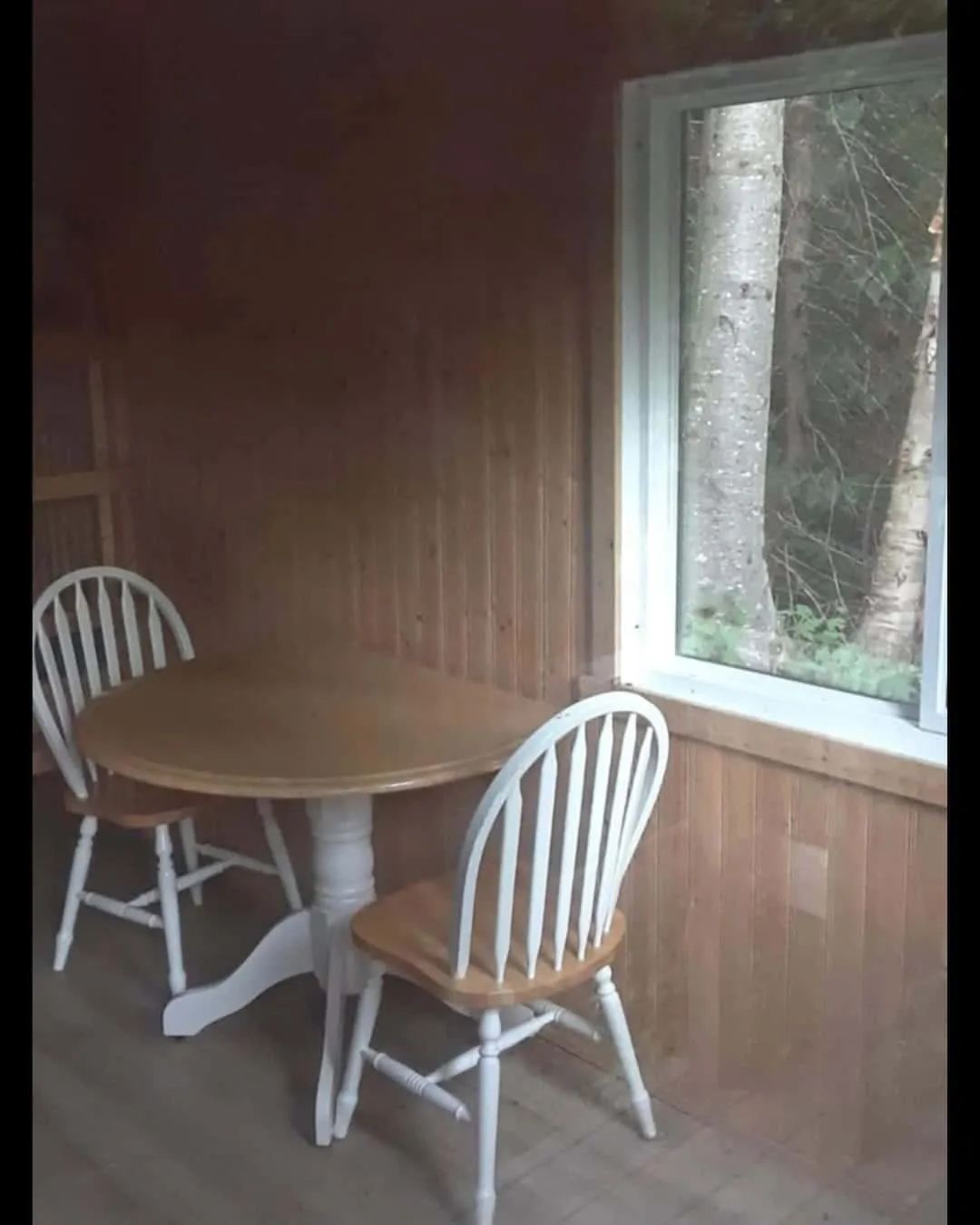 Dining area with round table and two chairs in cabin 10.