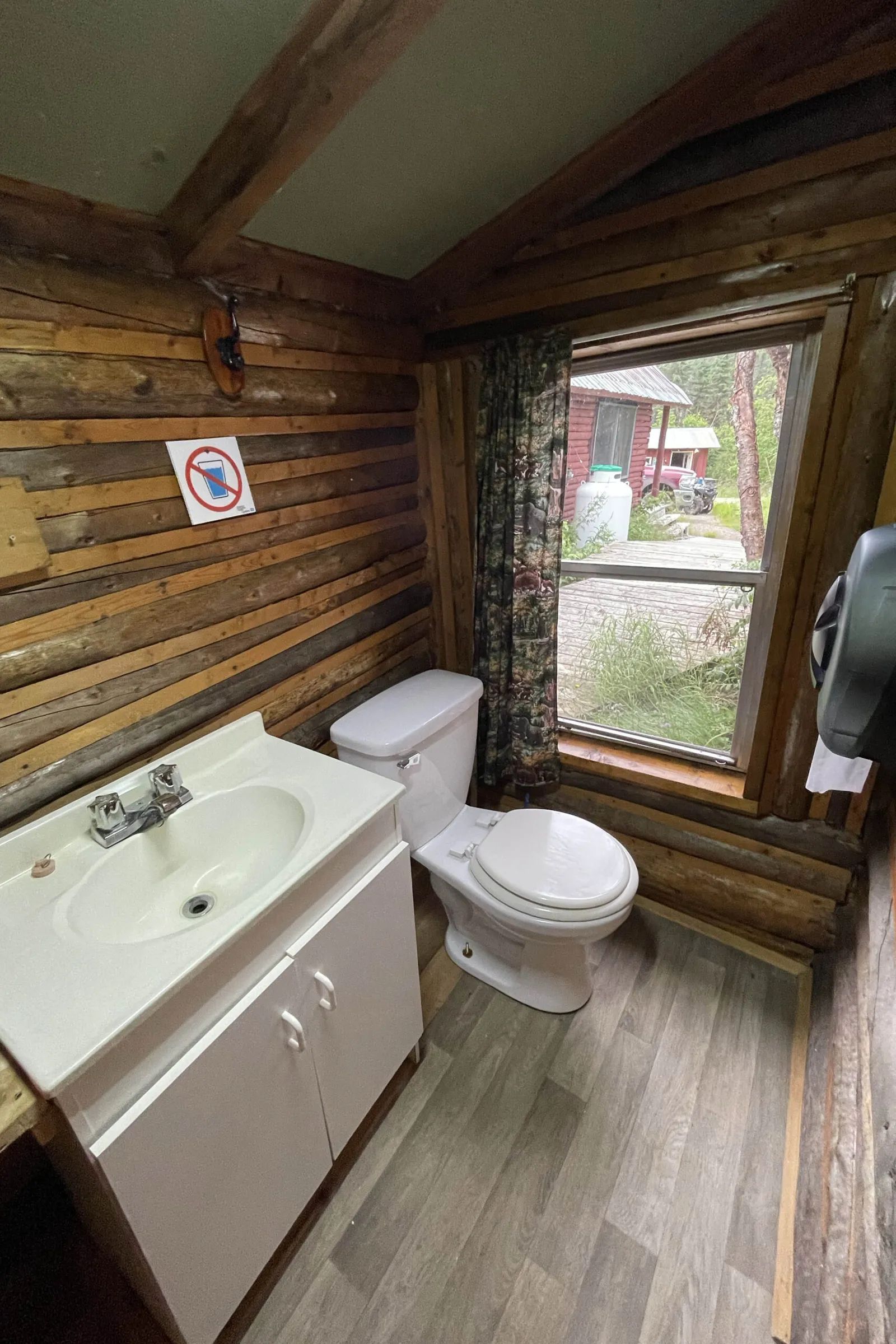 View of the functional bathroom with toilet and sink inside the cabin.