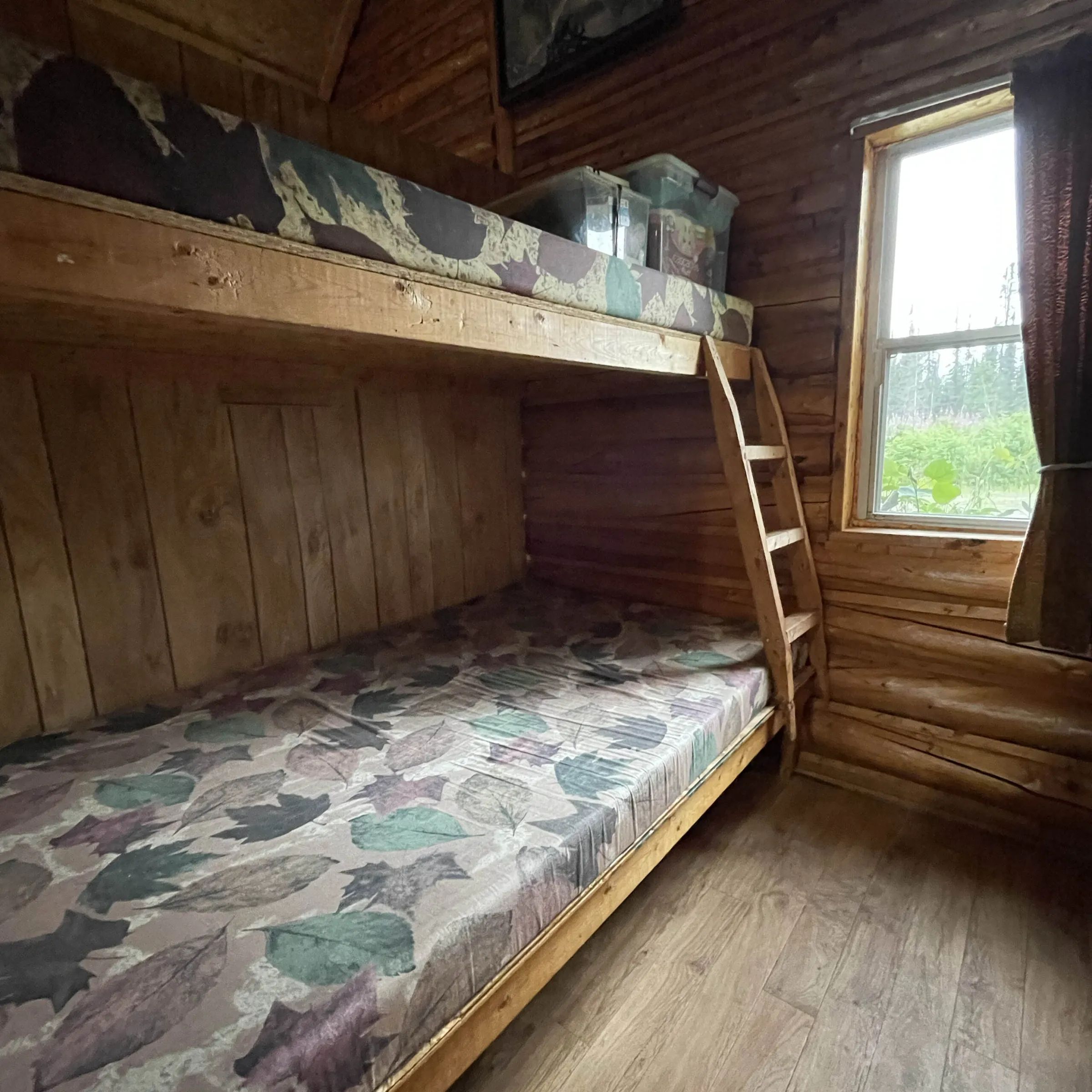 Chalet 3 features wooden bunk beds with a view of the forest.