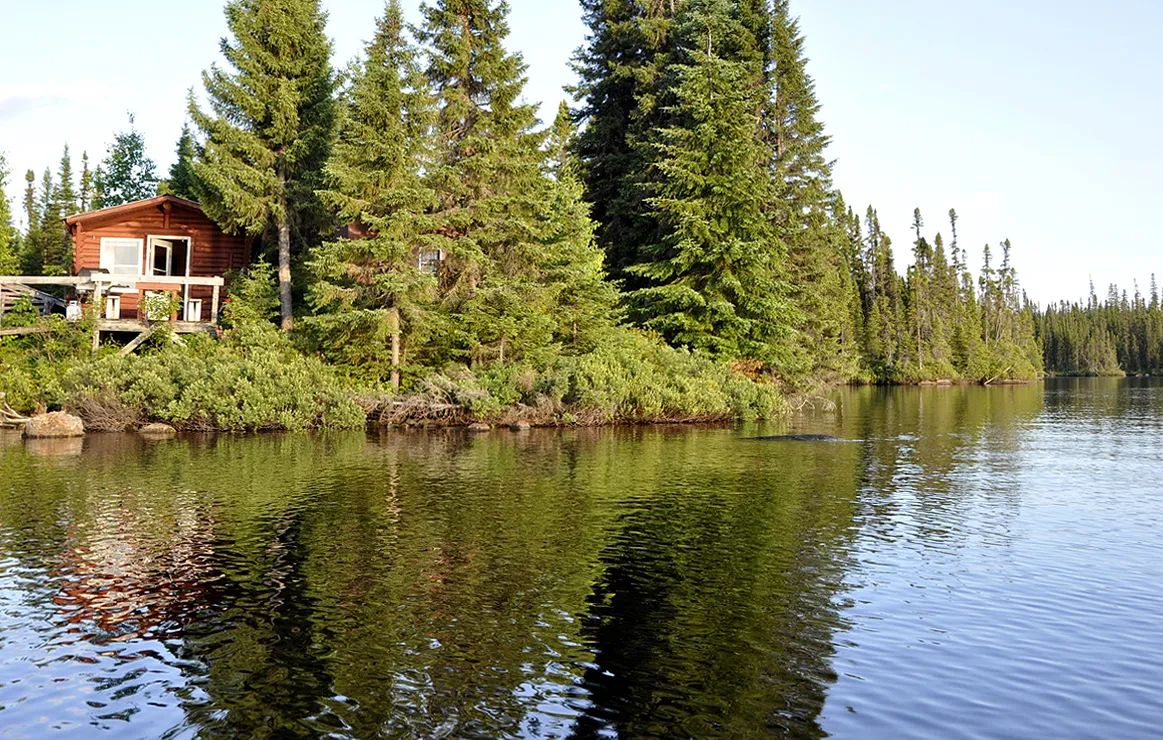 Vue sur le chalet en bordure de lac entouré de conifères.