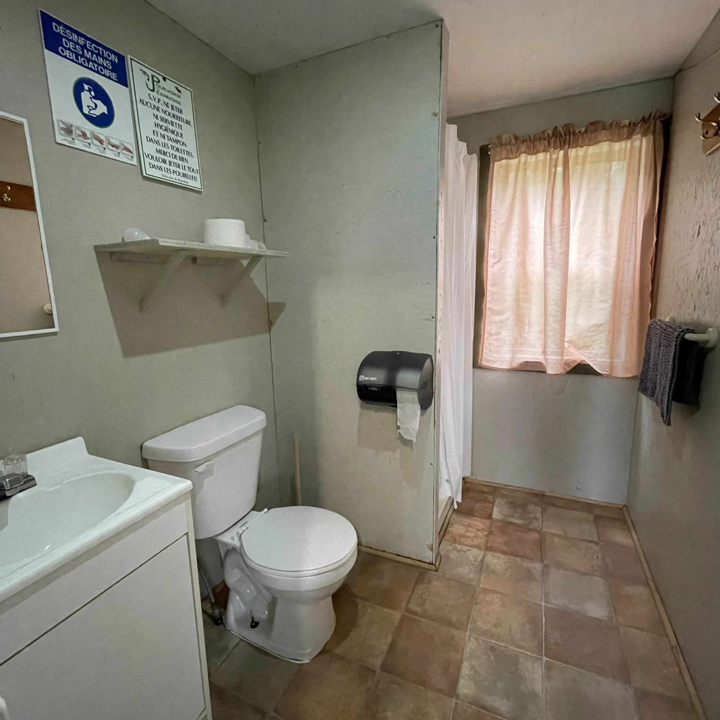 The chalet bathroom features a toilet, a sink, and a shower with a curtain.