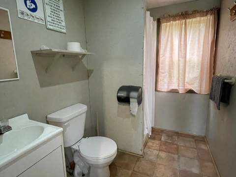The chalet bathroom features a toilet, a sink, and a shower with a curtain.