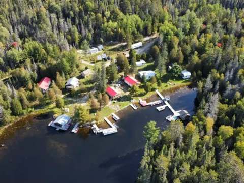Aerial view of our lakeside cottages, surrounded by the forest.