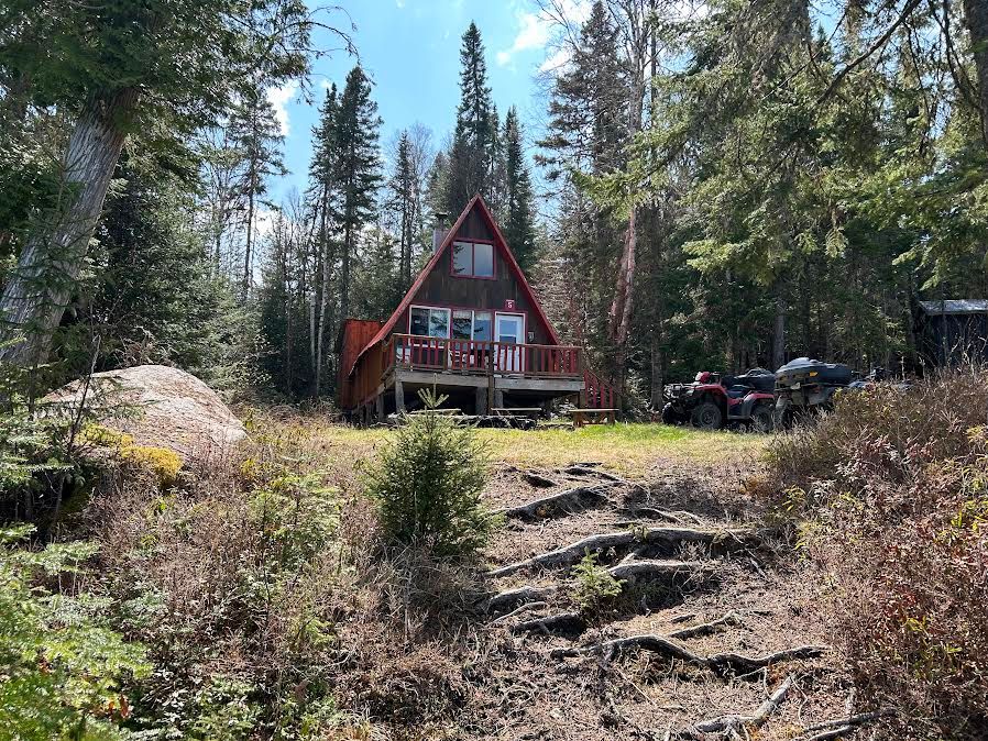 Vue extérieure du chalet de type A-frame situé en forêt.