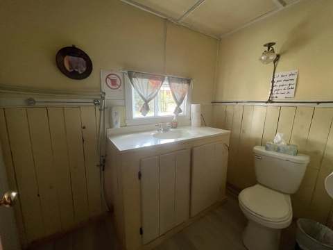 La salle de bain fonctionnelle du chalet est équipée d'une toilette et d'un lavabo.