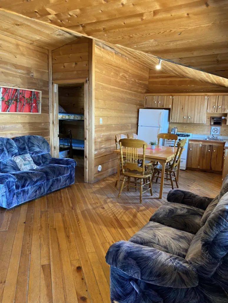 The chalet's open area includes a living space with two sofas, a dining table, and a kitchen.