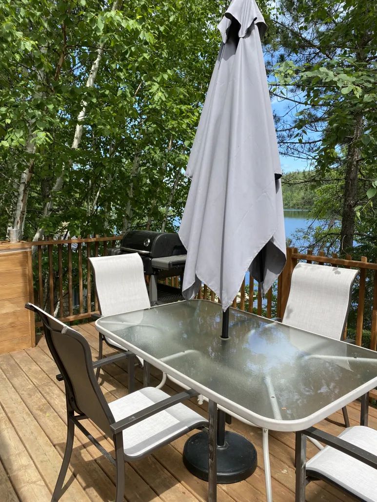 La terrasse du chalet 9 dispose d'une table avec parasol, d'un barbecue et d'une vue sur le lac.