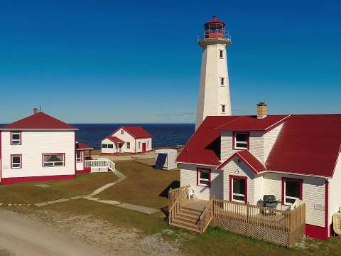 Aerial view of the cabins located at the foot of the outfitter's lighthouse.