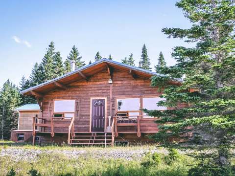 A wooden cabin with a porch and main entrance, surrounded by trees.