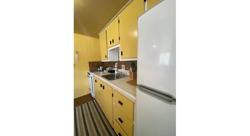 The cabin's equipped kitchen features a refrigerator, stove, and a functional sink.