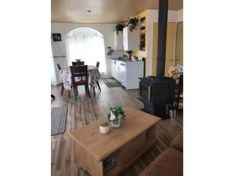 Open living area featuring a lounge with wood stove, dining area, and functional kitchen.