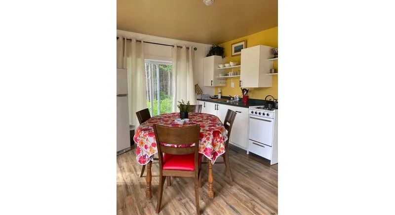 The functional cabin kitchen includes a dining table and necessary amenities.