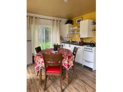 The functional cabin kitchen includes a dining table and necessary amenities.