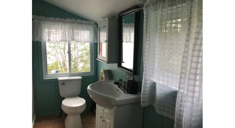 View of the functional bathroom with sink and toilet inside the cabin.