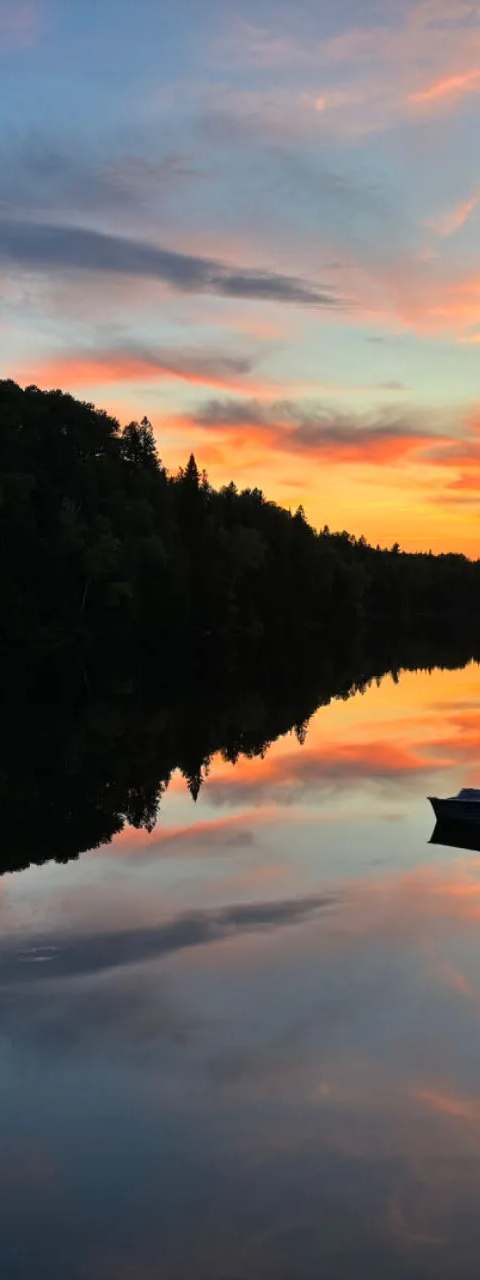 Sunset over the outfitter's lake at Pourvoirie Pignon Rouge Mokocan, Lanaudière, Quebec