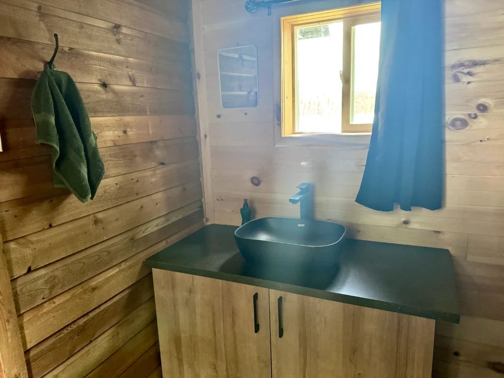 Un lavabo avec comptoir est installé dans la salle de bain du chalet.