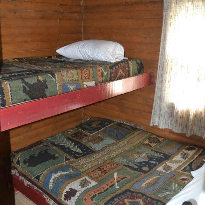 This cabin bedroom features bunk beds with nature-themed bedspreads.