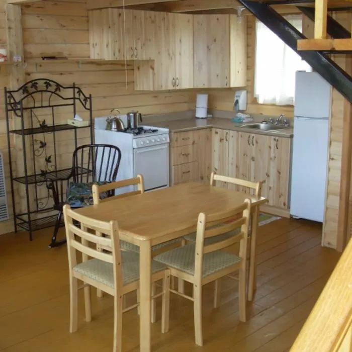 The chalet's functional kitchen includes a dining table and necessary appliances.