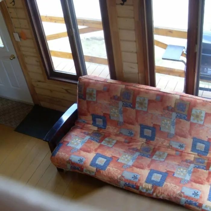 The cottage living room features a comfortable sofa bed facing the patio door.