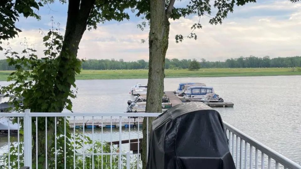 View of the dock and boats from the cabin terrace.