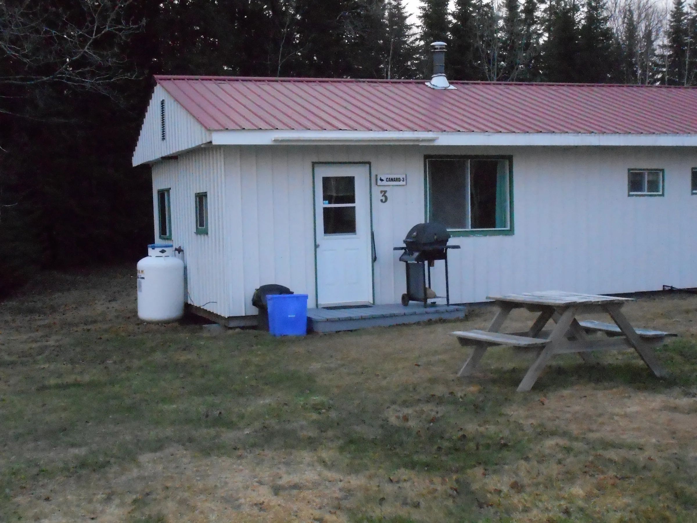 Exterior view of Le Canard cabin with its picnic table and barbecue grill.