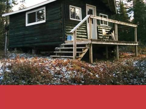 Vue extérieure du chalet en bois rond avec sa galerie et ses marches d'accès.