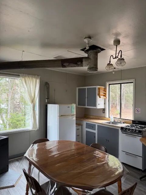 The equipped kitchen and dining area of cottage 3 offer a view of the surrounding forest.