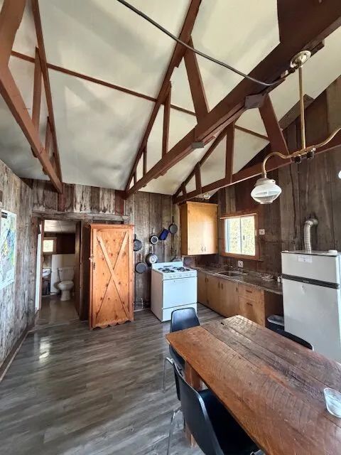 Overview of the chalet's kitchen and dining area with a cathedral ceiling.