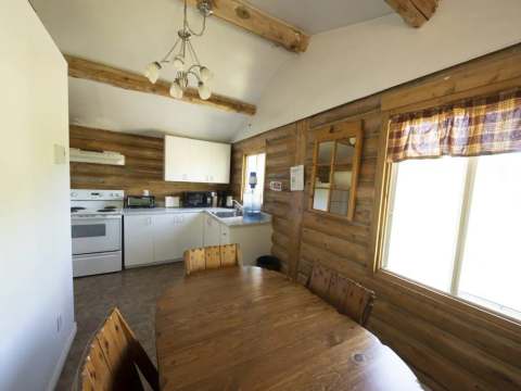 The kitchen and dining area of the Chalet du Débarcadère with log walls.